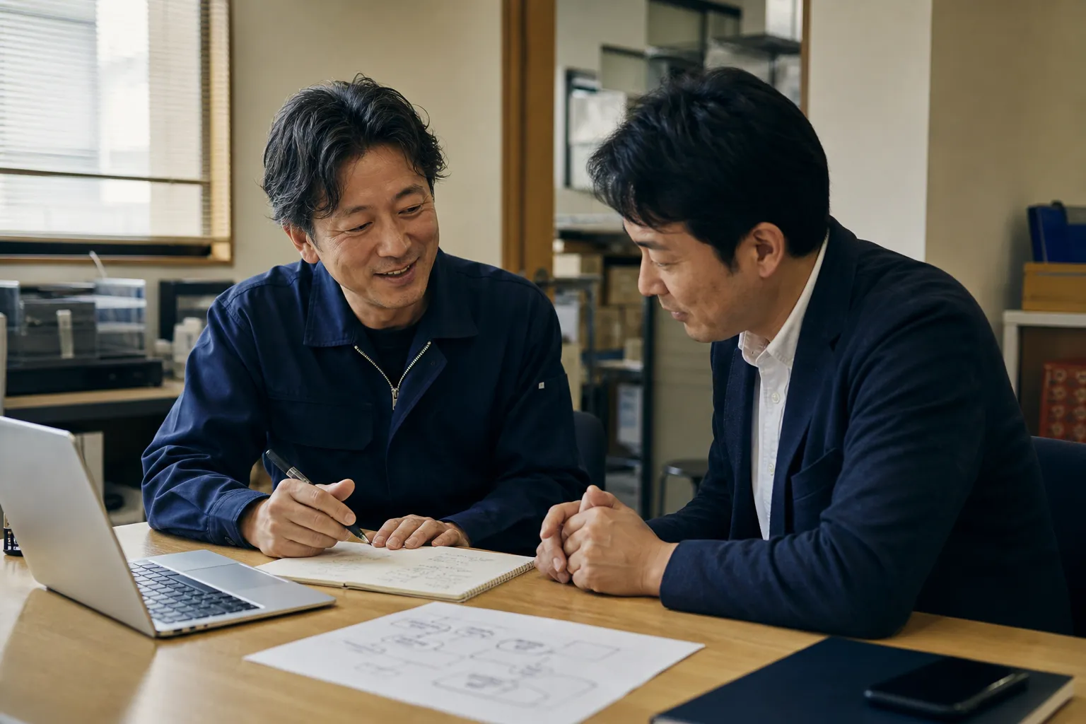 中小企業の代表と社外IT担当が、机を囲んで課題を整理する様子